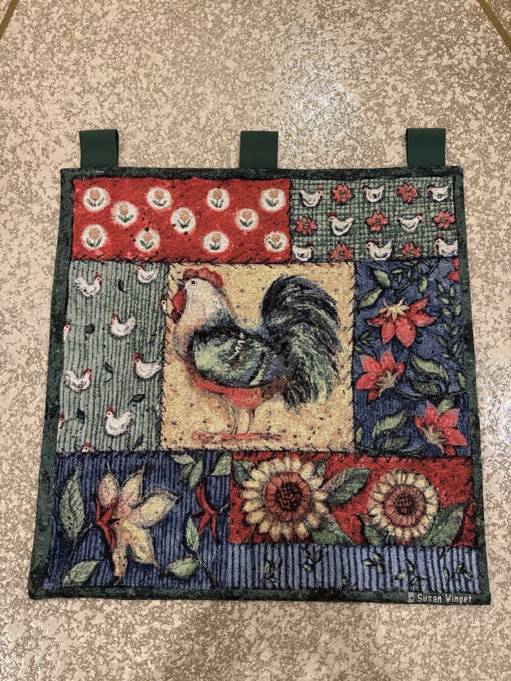 Vintage Susan Winget Rooster Tapestry Wall Hanging With Chickens & Sunflowers